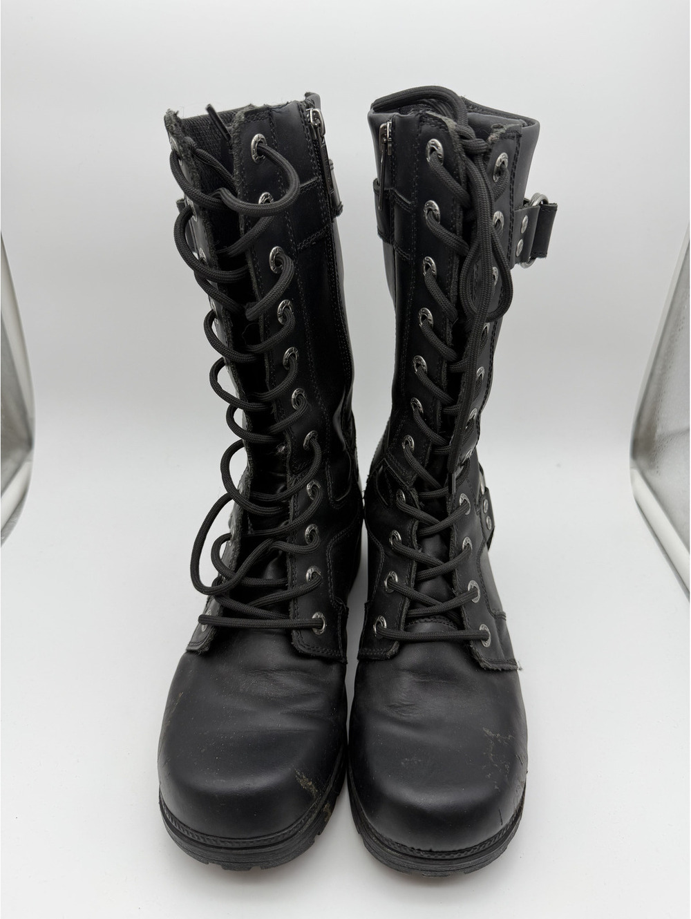 Harley-Davidson Black Leather Lace-Up Combat Boots with Buckle Detail Size 10M